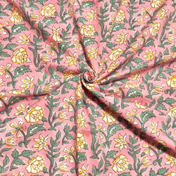 【50cm單位】粉黃花印度手版印花布料棉質 第1張的照片