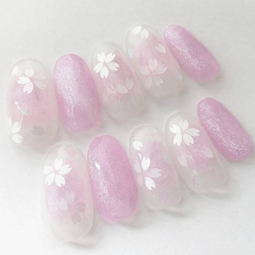 桜デザイン♪大人ピンクチーク，春ネイル ネイルチップ（つけ爪） ぴか  