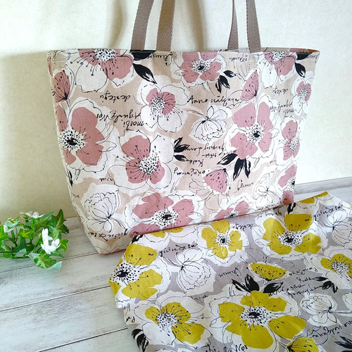 深めサイズあります エコバッグ花柄ピンク×ベージュ シンプルトート
