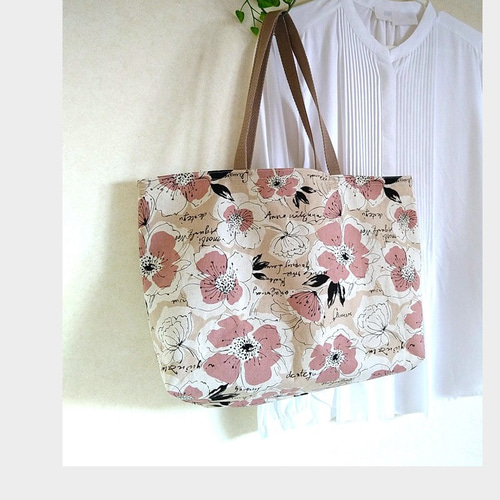 深めサイズあります エコバッグ花柄ピンク×ベージュ シンプルトート