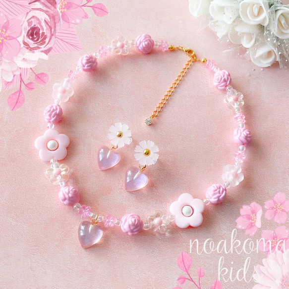 little princess＊ pink flower キッズイヤリング + キッズ ネックレス セット 女の子 子供 1枚目の画像