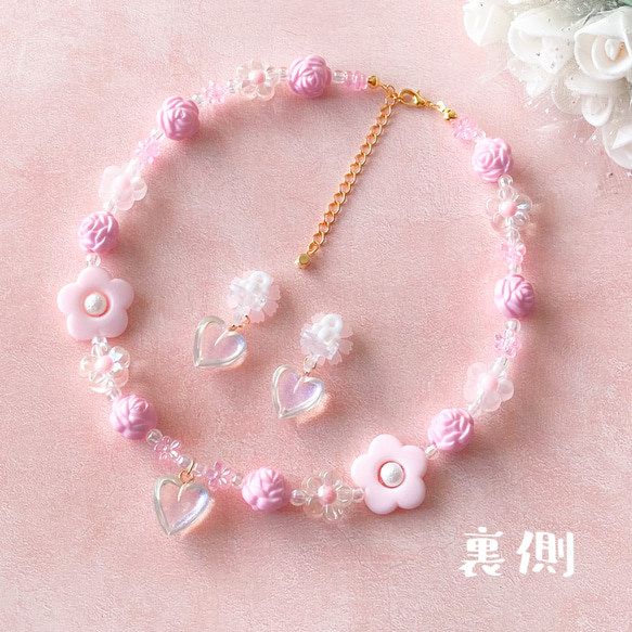 little princess＊ pink flower キッズイヤリング + キッズ ネックレス セット 女の子 子供 6枚目の画像