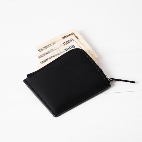 L字ファスナー　ミニ財布　革財布　ブラック　黒　本革　二つ折り財布　レザー　ヌメ L字ファスナー ミニ財布 革財布 ブラック 黒 本革 二つ折り財布