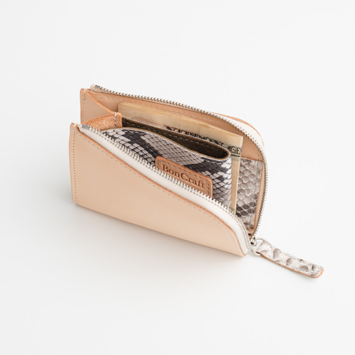 マチ付き L字ファスナー財布 【白ヌメ革×ヘビ革】持ち歩きに便利