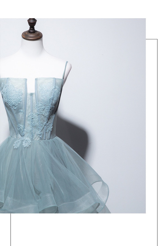 カラードレス　くすみブルー　刺繍　チュール　フラワーモチーフ　ウェディングドレス（WD242081） 6枚目の画像