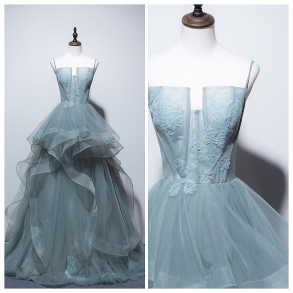 カラードレス　くすみブルー　刺繍　チュール　フラワーモチーフ　ウェディングドレス（WD242081） 1枚目の画像