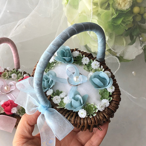 2個セット 2人で運ぶ ウェディング リングピロー かご カゴ ミニ