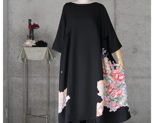黒留チュニックワンピース フリーサイズ 着物リメイク kimono