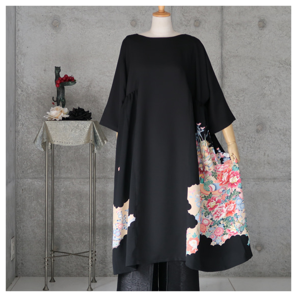 黒留チュニックワンピース フリーサイズ 着物リメイク kimono