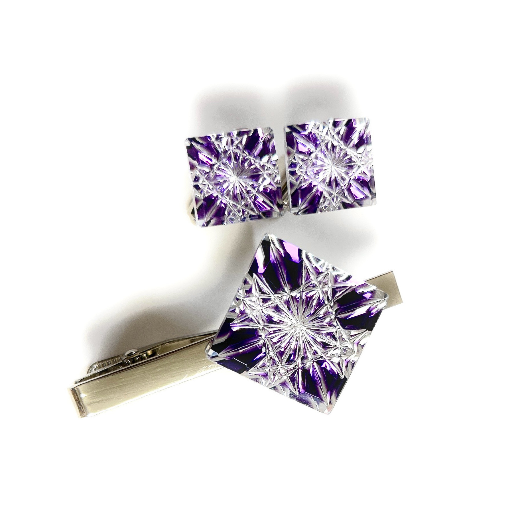 「吉祥・極楽」東京切子タイピン・カフスセット　瑞雲　紫