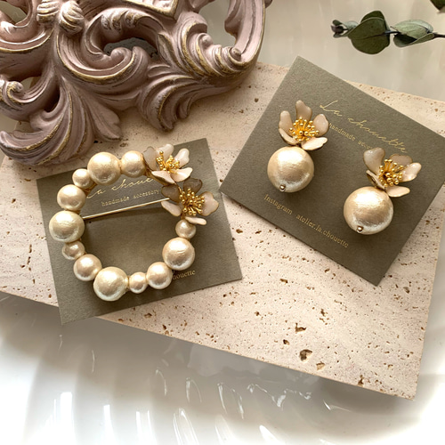 3日以内発送❣️magnolia ブローチ&ピアスセット 卒入学式 入園式