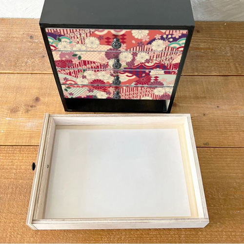 和風木製小物入れ 引き出し5つ レトロ 和風 和柄 木製 A4 引き出し収納 書類ケース5段 -波と花 赤