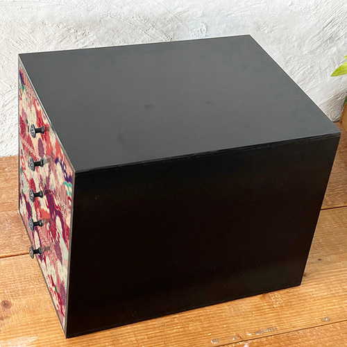 レトロ 和風 和柄 木製 A4 引き出し収納 書類ケース5段 -波と花 赤