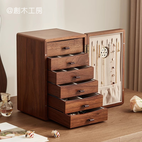 小引き出し6段付きのアクセサリーケース ジュエリー収納箱 木製 小引き出し6段付きのアクセサリーケース ジュエリー収納箱 木製