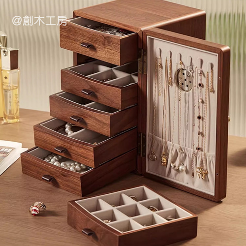 小引き出し6段付きのアクセサリーケース ジュエリー収納箱 木製 大容量