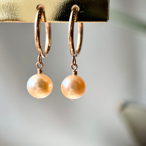 14kgfピンクオレンジ淡水パールの一粒ピアス＆イヤリング【ピンク