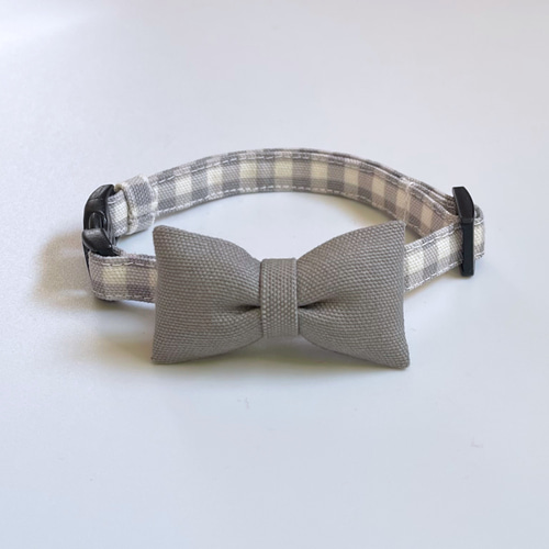 グレーチェック、わんちゃん猫ちゃん用襟付き首輪 グレー × チェックの首輪] 猫 首輪 猫の首輪 リード・首輪 MOFU