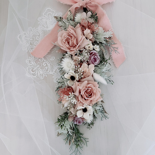 縦長ガーランド・アーティフィシャルフラワー ピンクローズ リボン