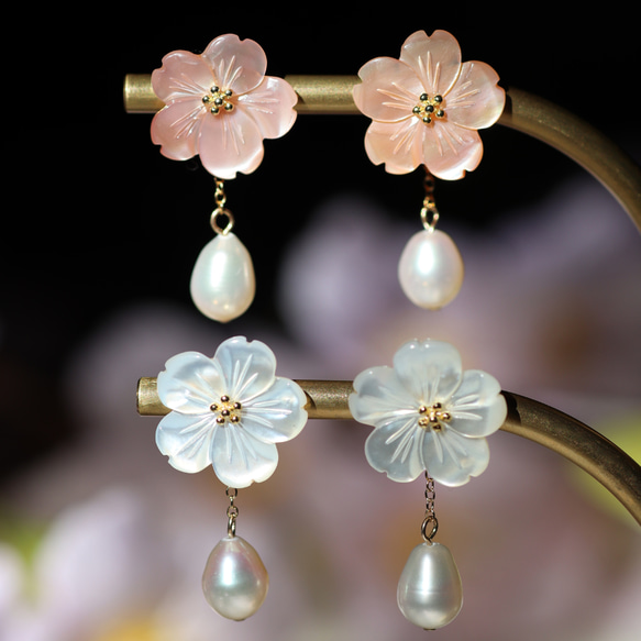桜ピアス 2色 シェル パール 桜 梅 春 ピンク 14kgf 2way 花