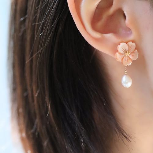桜ピアス 2色 シェル パール 桜 梅 春 ピンク 14kgf 2way 花