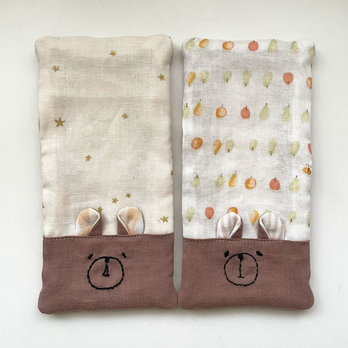 くま耳 8重ガーゼハンカチ くすみ ブラウン くだもの 星10×20 ハーフ  