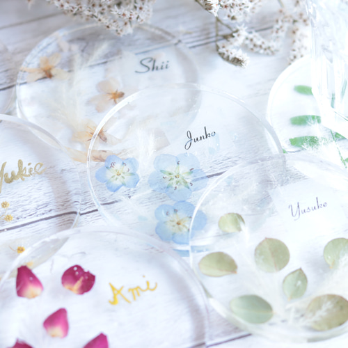 ✨新春SALE✨No.85 アネモネ＆小花♡固まるハーバリウムコースター2枚 小花を閉じ込めて」名前入りコースター＊席次・結婚お祝い・新築祝い