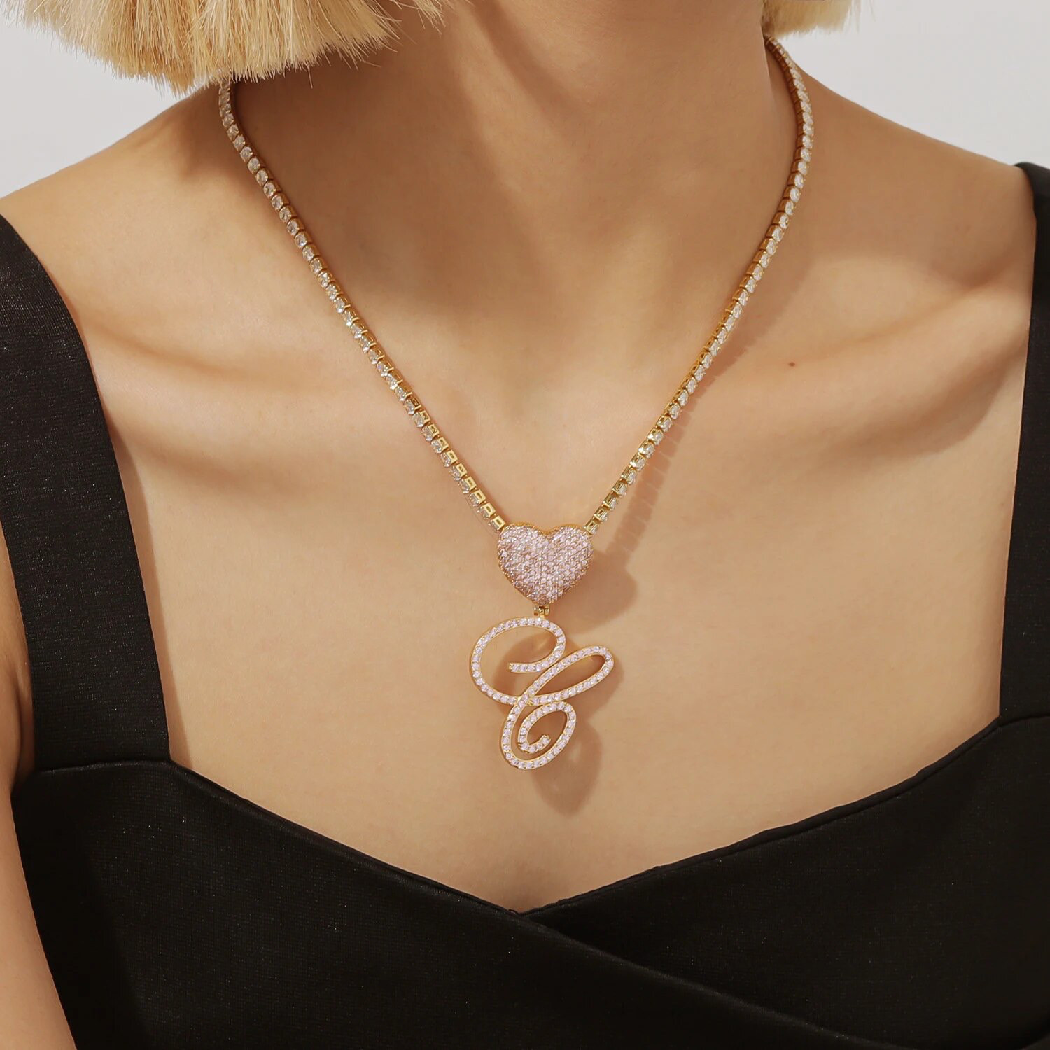 オーダーメイドイニシャルラインストーンヒップホップネックレスギフトプレゼントに最適