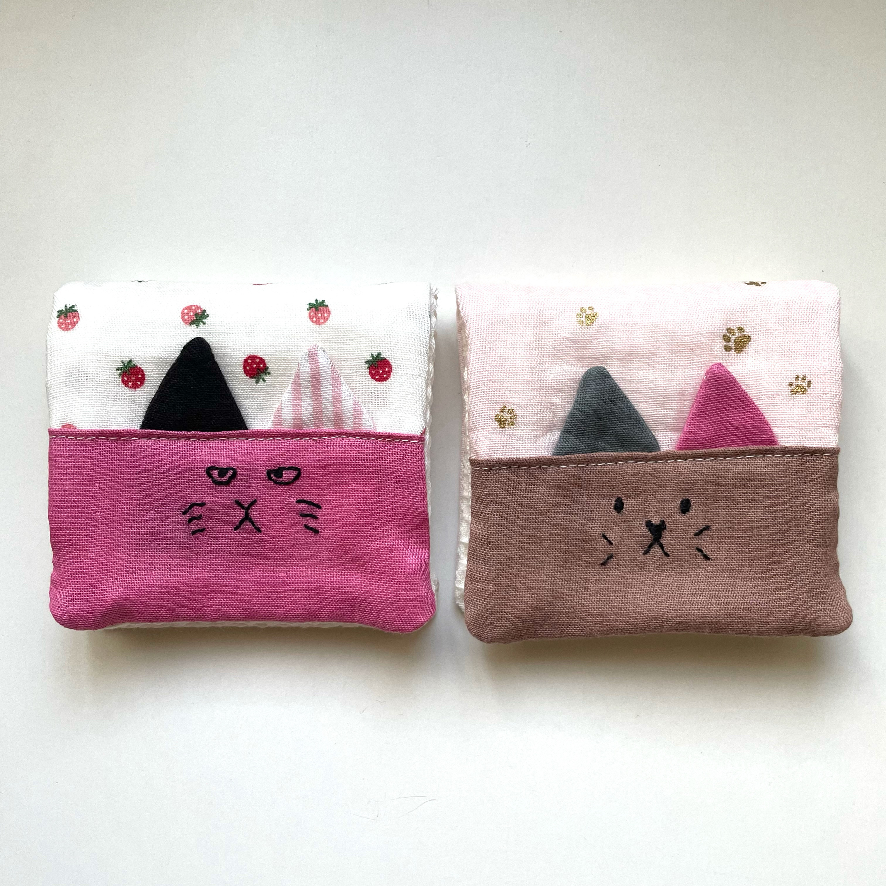 ねこ耳 ワッフル×ガーゼハンカチ 肉球 ピンク いちご 10×20 入園 入学