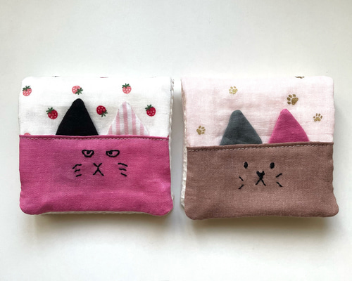 ねこ耳 ワッフル×ガーゼハンカチ 肉球 ピンク いちご 10×20 入園 入学