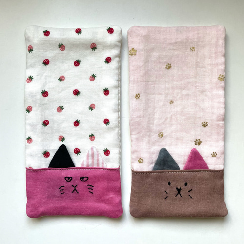 ねこ耳 ワッフル×ガーゼハンカチ 肉球 ピンク いちご 10×20 入園 入学