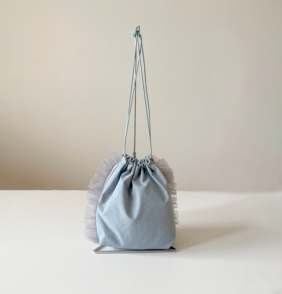 【受注生産】ボリュームチュール巾着バッグ（ペールブルー×グレー） 7枚目の画像