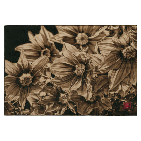 Dahlia imperialis 木材の焦げ色の濃淡で表現した絵画作品 絵画 焼絵堂