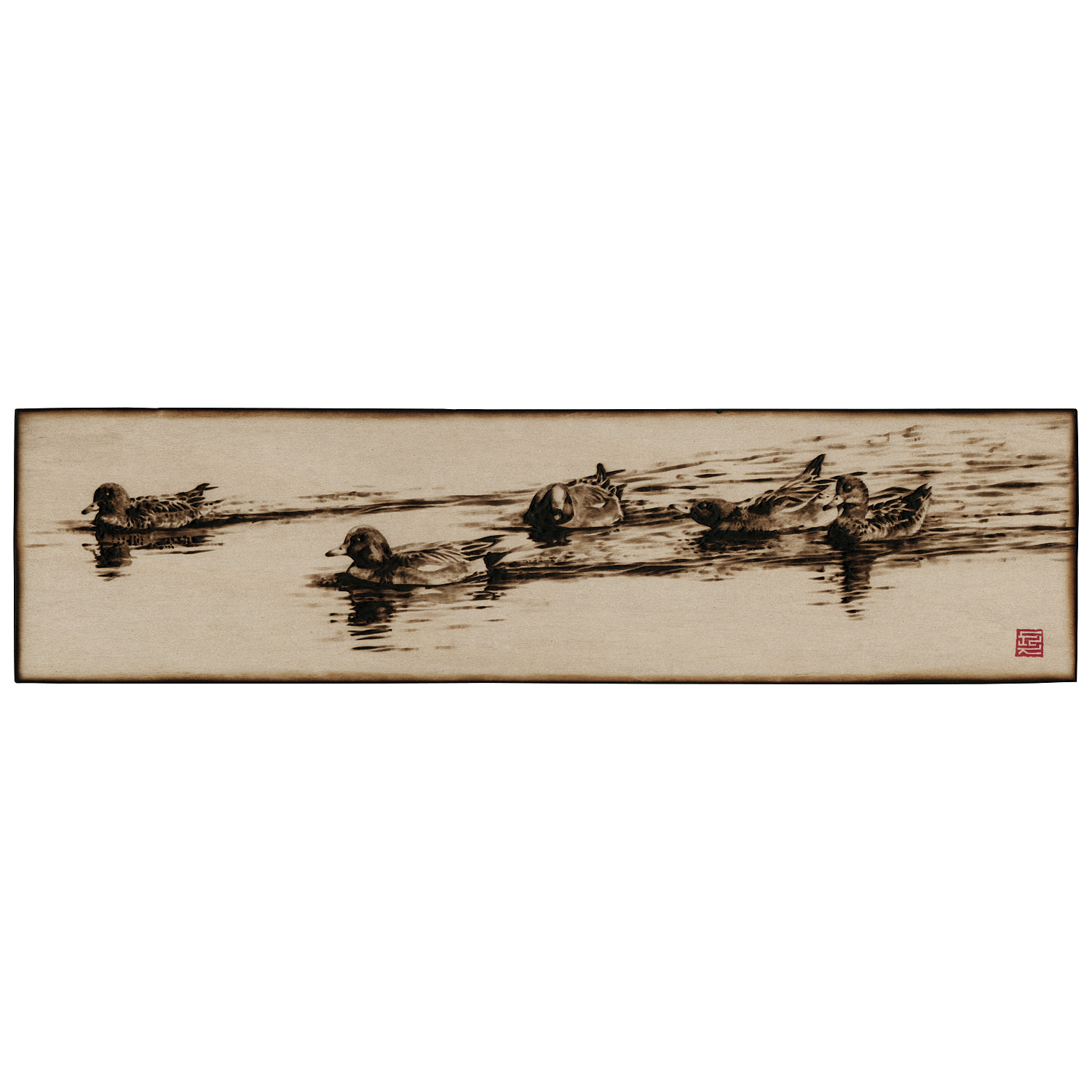Waterfowls　木材の焦げ色の濃淡で表現した絵画作品