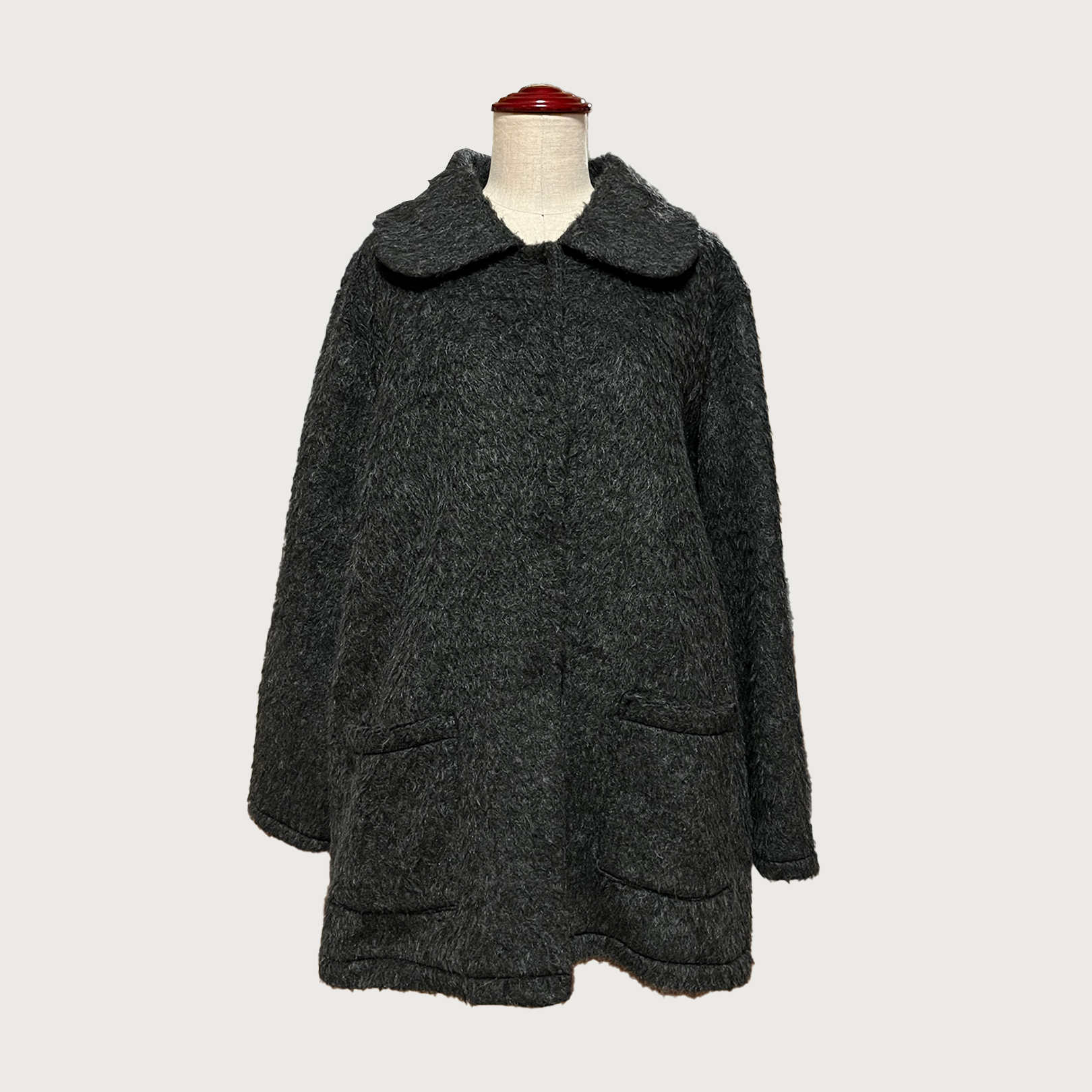 【モヘア】ビッグカラーが可愛い シャギー生地 ボアコート｜チャコールグレー