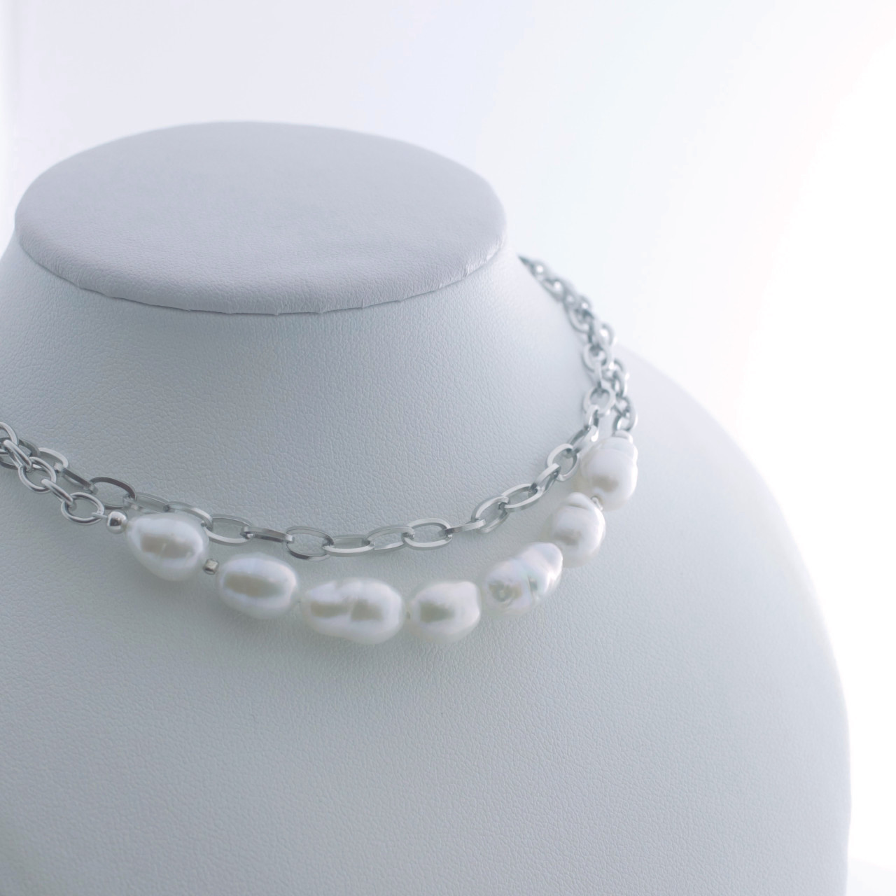 ひょうたん型 淡水パール ダブルチェーンネックレス SUS316L 金属アレルギー対応