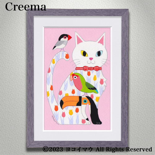 SALE】原画「白猫と小鳥のポップアート」ふしぎな猫のアート絵画 絵画