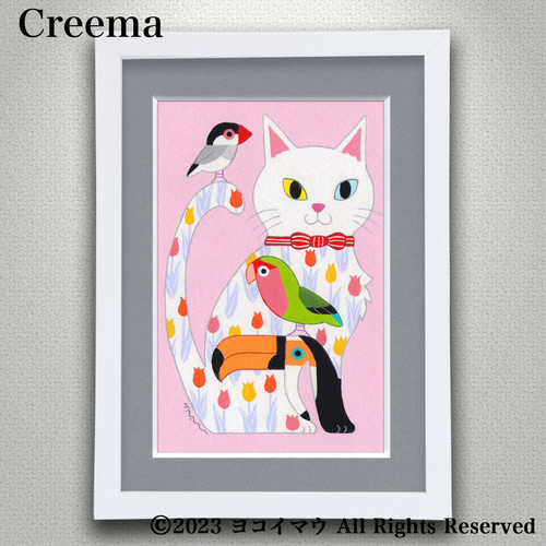 原画「白猫と小鳥のポップアート」ふしぎな猫のアート絵画 絵画 mau