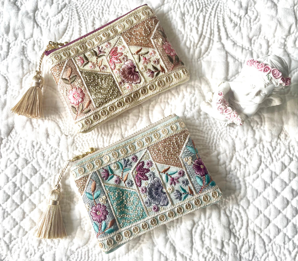 サイズが選べる*❁⃘*.華やかインド刺繍リボン タッセル付き ポーチ 2color《受注制作》 1枚目の画像