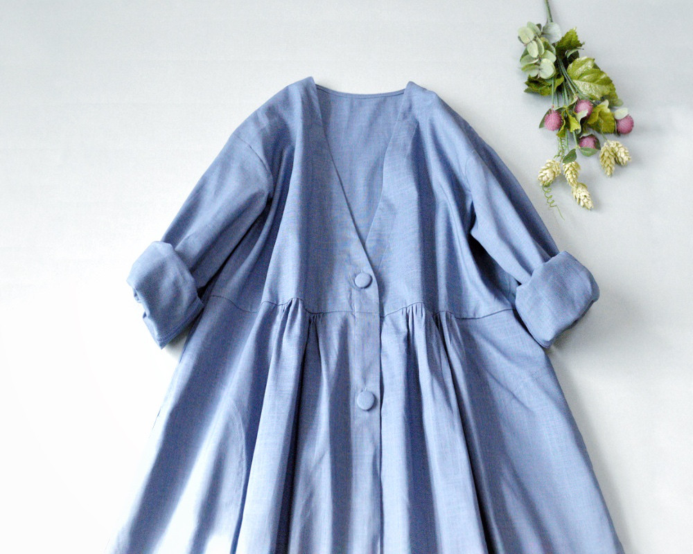 リネン100%Vネッククルミ釦ポケット付き長袖コートワンピースコート♪