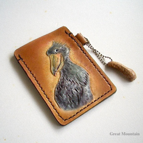 ハシビロコウ 鳥 革 パスケース 茶 鳥グッズ レザー カード