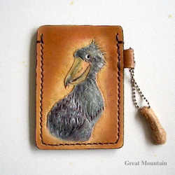 ハシビロコウ 鳥 革 パスケース　茶 鳥グッズ レザー カードケース プレゼント インコグッズ 2枚目の画像