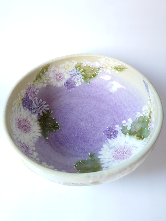 Creema陶器市2024工房ゆずりは　預け鉢　紫を主体にした華やかで落ち着いた上品な絵柄　花かざり　　 6枚目の画像