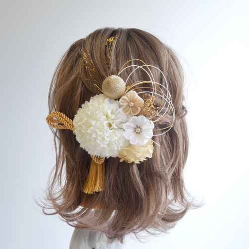 A431 白 つまみ細工 髪飾り 卒業式 袴 結婚式 水引 かすみ草 和玉 成人