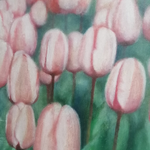 子猫とチューリップの絵 油絵原画「春の詩（うた）」 絵画 Rio Yuki