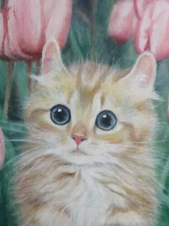 子猫とチューリップの絵　油絵原画「春の詩（うた）」 4枚目の画像
