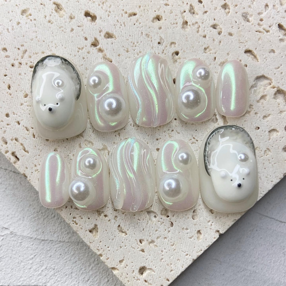 牡蠣 くま ネイルチップ 韓国 クマ 動物 オーロラ 貝 ニュアンス  