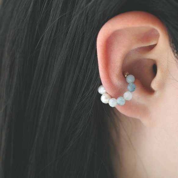 | 2way | 海藍寶石 x 淡水珍珠耳骨夾 | 三月和六月生日石 第11張的照片