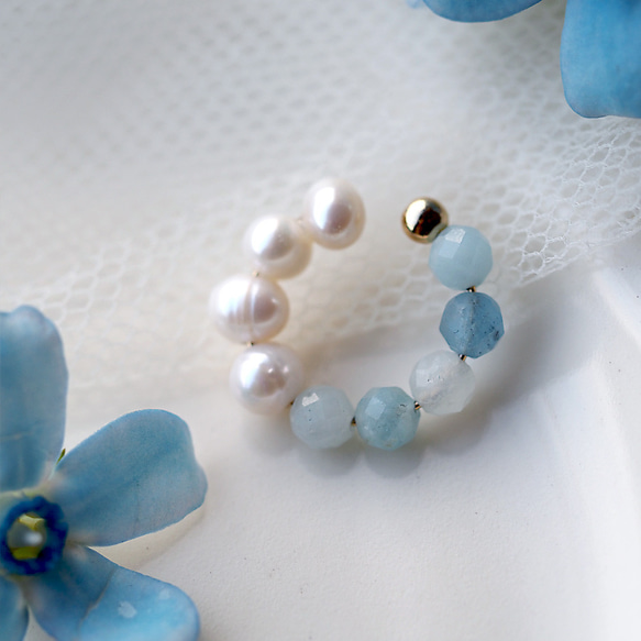 | 2way | 海藍寶石 x 淡水珍珠耳骨夾 | 三月和六月生日石 第2張的照片