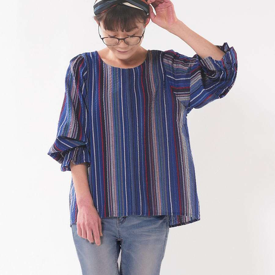 キュっと細見え＊キャンディースリーブ＊マルチストライプ＊コットントップス＊ブルー