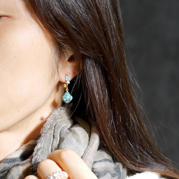 #987 粉撲鑽石切割銅綠松石和珍珠柔軟觸感迷你耳環 第3張的照片